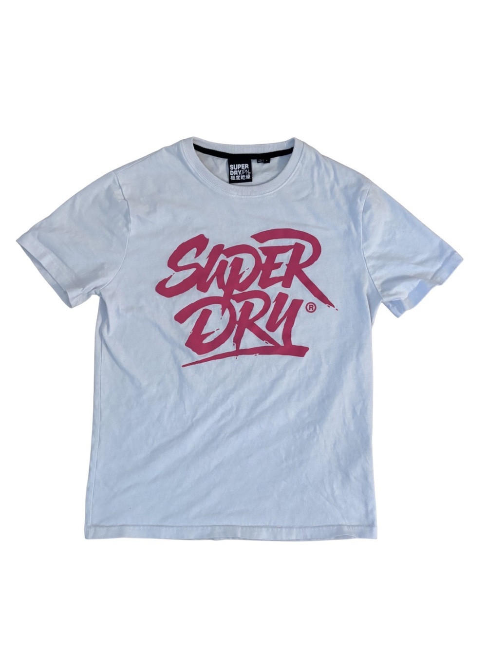 Superdry White Crewneck Tee with Black Neck Trim and Logo Tag